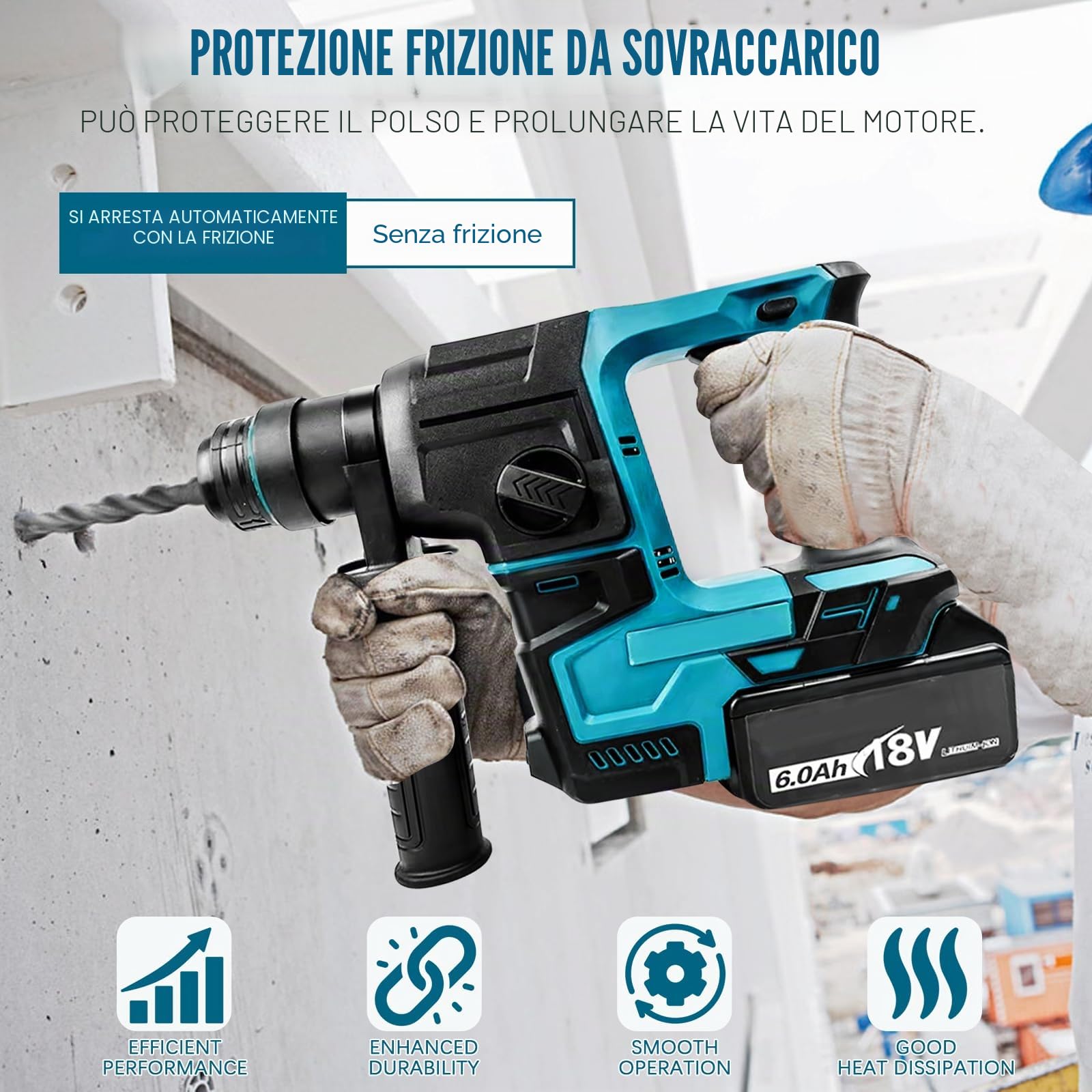 LIROPAU Trapano a Percussione, Trapano Tassellatore a Batteria con 8 Trapani e Guanti, 2,2 J, 1400 U/min, 4200 bpm, Sostituisci Rapidamente i Mandrini SDS-Plus (senza batteria)