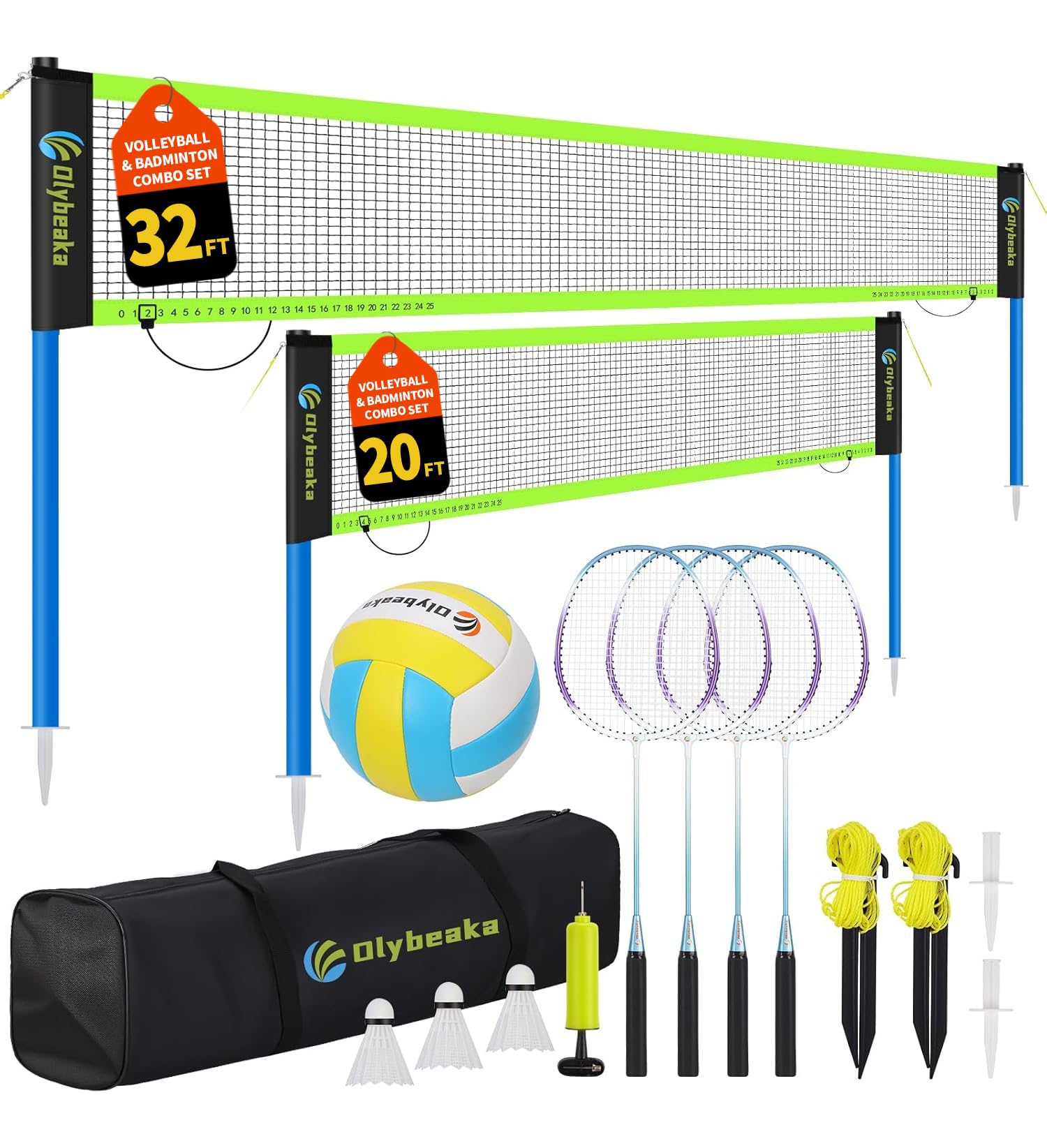 Outdoor Volleyball & Badminton Combo Net Set for Backyard, Beach with 2 Nets, Adjustable Poles, 4 Aluminum Rackets, PU Volleyball, Portable Carry Bag
