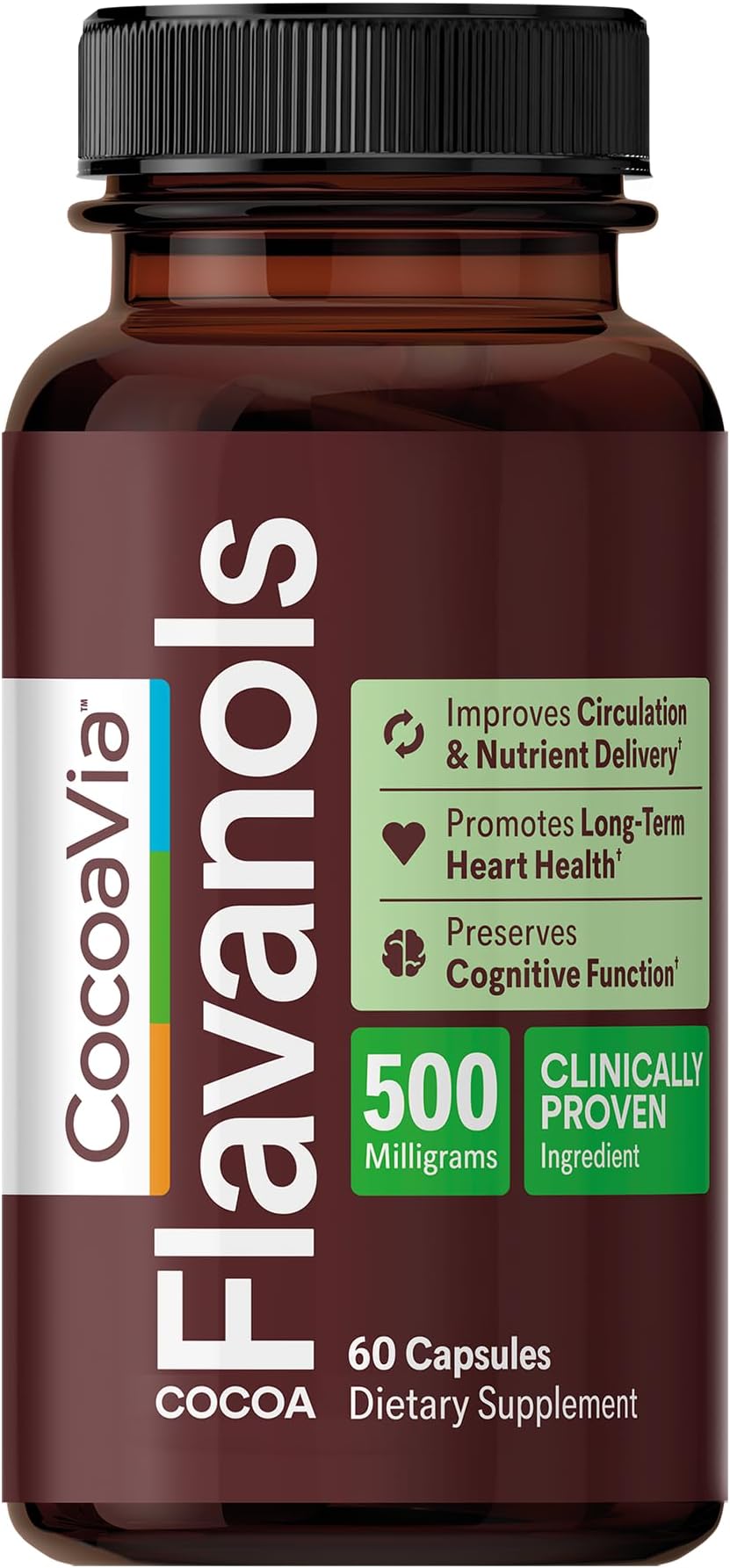 Cardio Health Supplement, 30 Day, 500mg Cocoa Flavanols, Support Heart Health, Boost Nitric Oxide, Blood Circulation, Energy, Vegan, Dark Chocolate, 60 Capsules