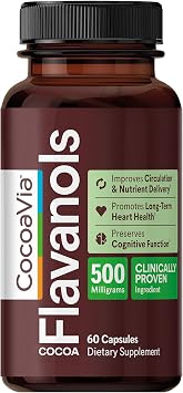CocoaVia Cocoa Flavanols 500mg Heart & Brain Support Supplement, High Flavanol Cocoa, Blood Circulation & Memory Booster, Nitric Oxide, Energy & Oxygen Boost, Vegan, Gluten-Free, 60 Capsules