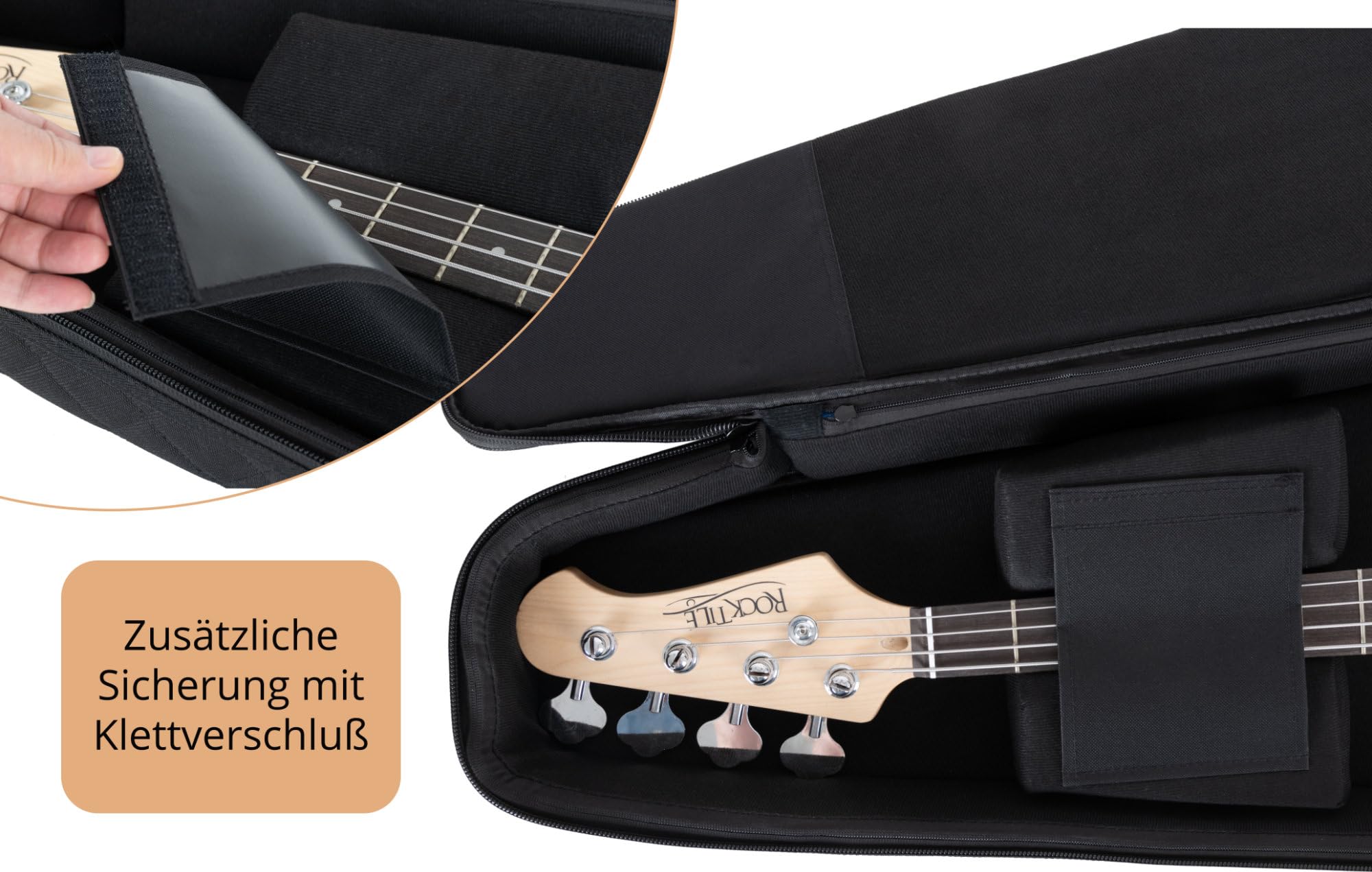 Shaman EBBT-2122BK E-Bass Tasche - Dick gepolsterter Gigbag für E-Bässe - Verstellbare Halsstütze mit Klettsicherung - Gepolsterte Außentaschen - Extra Tablet-Fach - Versenkbare Rucksackgarnitur