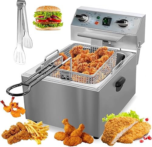 LIANQIAN Freidora eléctrica comercial con cesta, acero inoxidable de 10.5 cuartos de galón de 1800 W con cesta extraíble, freidora eléctrica de