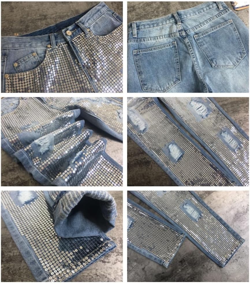 Women's High Waisted Jeans Baggy Metallic Glitter Straight Leg Ripped Denim Pants - Image 6