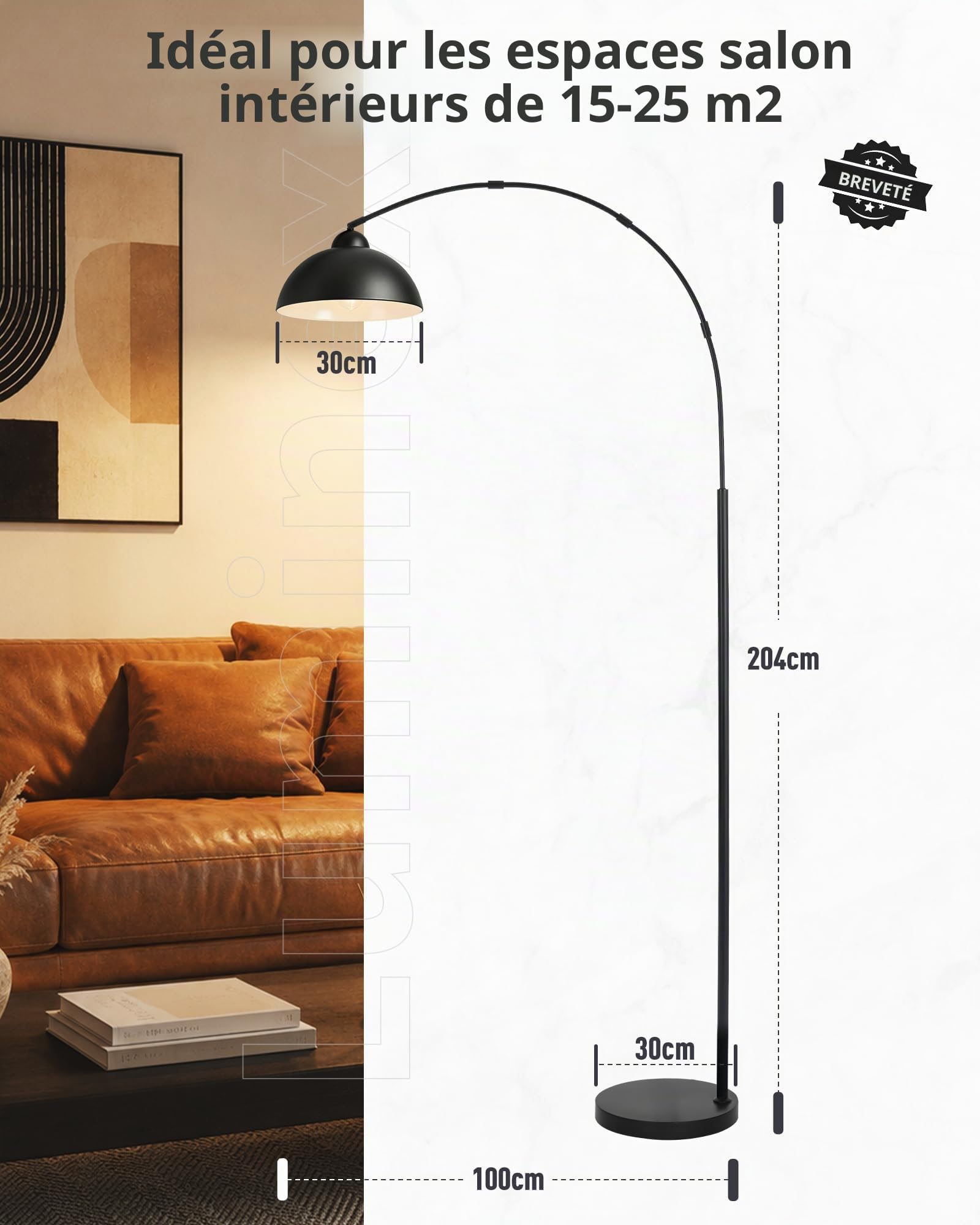 Lampadaire sur Pied Salon Arc Moderne Noir 204 cm E27 Incluse OVEL FL02