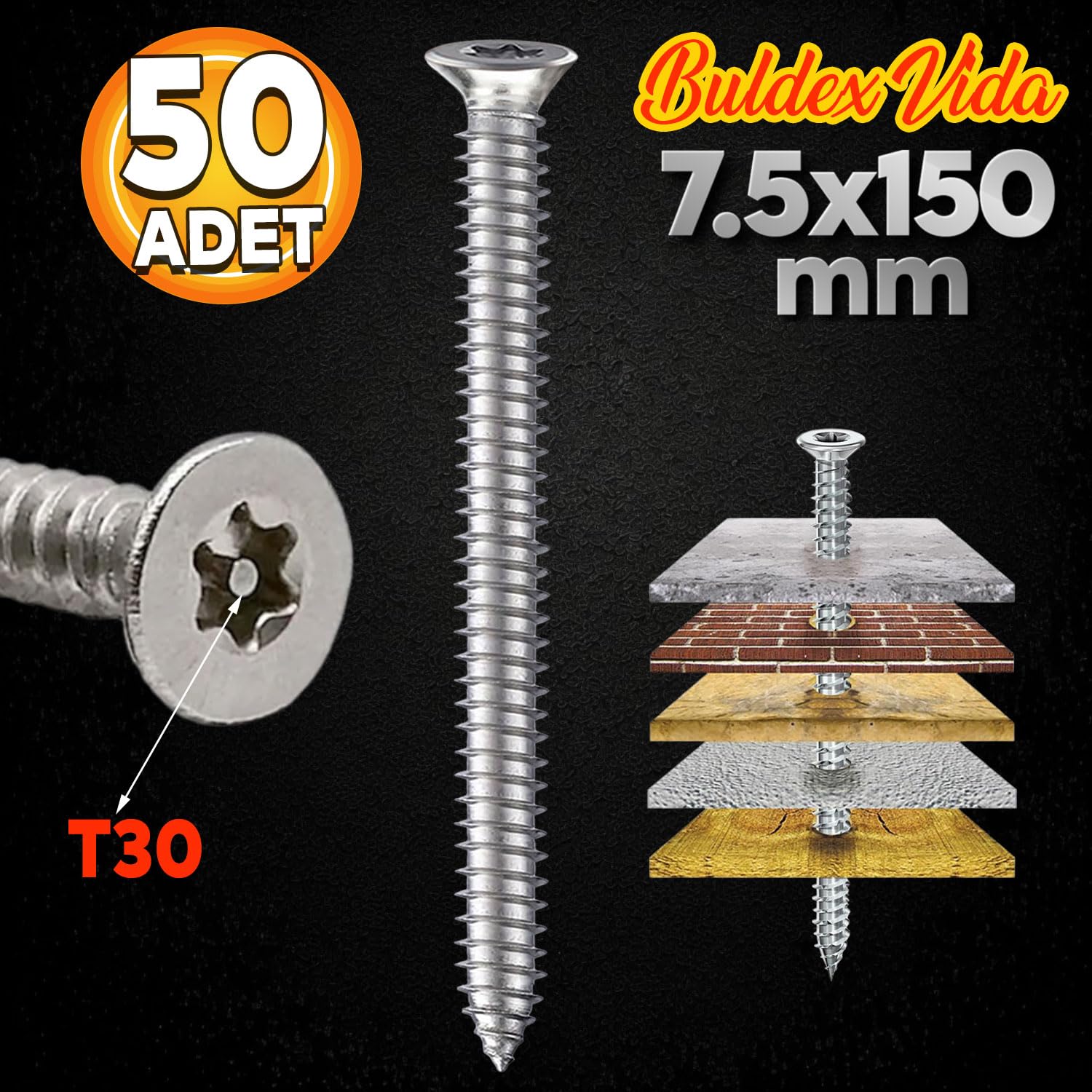 Badem10 Buldex Vida 7.5x150 mm 50 ADET Sivri Uçlu Dübelsiz Beton Vidası Tork Duvar Vidası Buldeks
