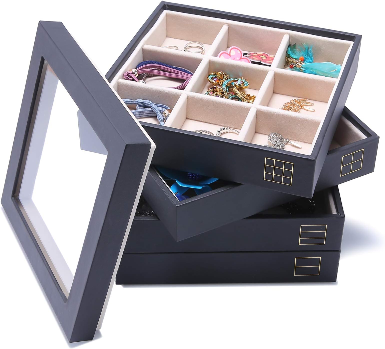 MUNLONG Stackable Jewelry Trays 4 with Lid Dresser Organizer Accessary Showcase Display Storage Drawer Insert
