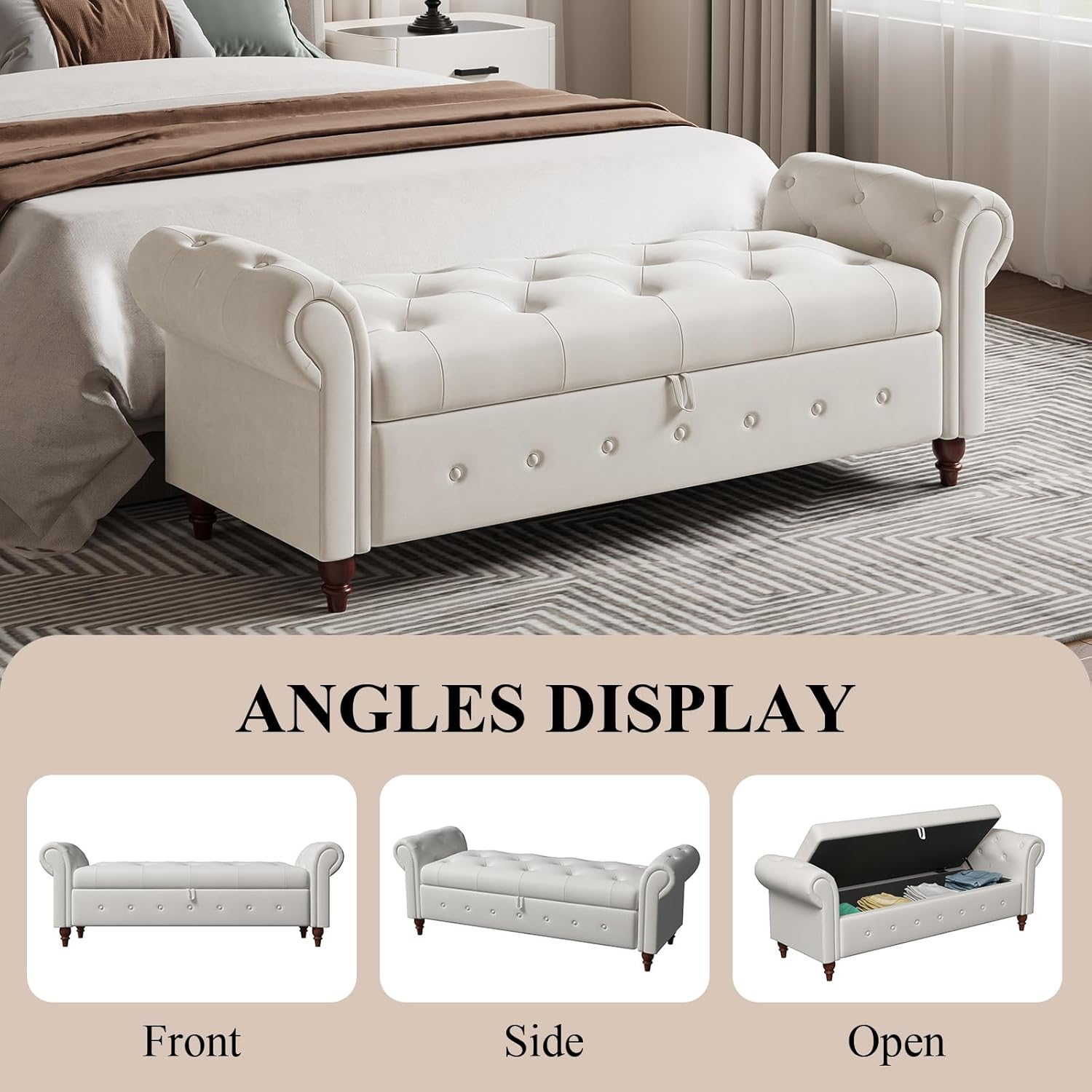 Modern 63'' Storage Ottoman Bench, Upholstered End Bed Bench with Curved Armrest, Button Tufted Entryway Bench with Wood Legs, Bed Bench for Bedroom, Living Room, Hallway (Beige)