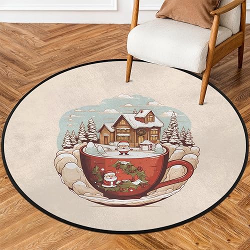 Christmas Scene Winter Santa Claus (3) Round Area Rug 3ft Machine Washable Circular Rugs for Dining Room Table Bedroom Playroom Throw Rugs for Dog