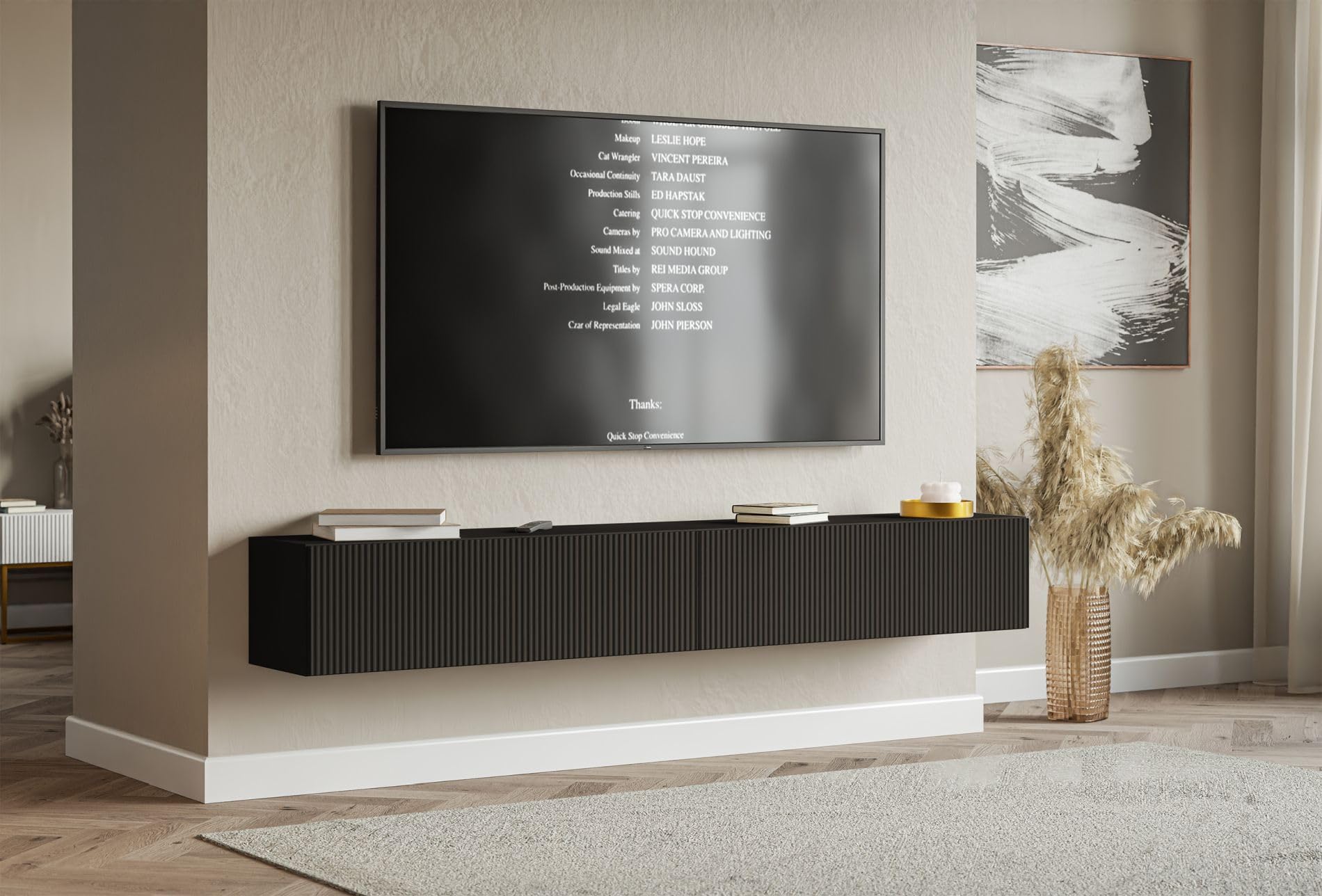 Selsey TV-Lowboard Hängend 200 cm Mattes Schwarz 4 Geräumige Fächer Elegante Geprägte Front Laminierter Korpus MDF Front Robust ABS Kanten Für Fernsehzubehör