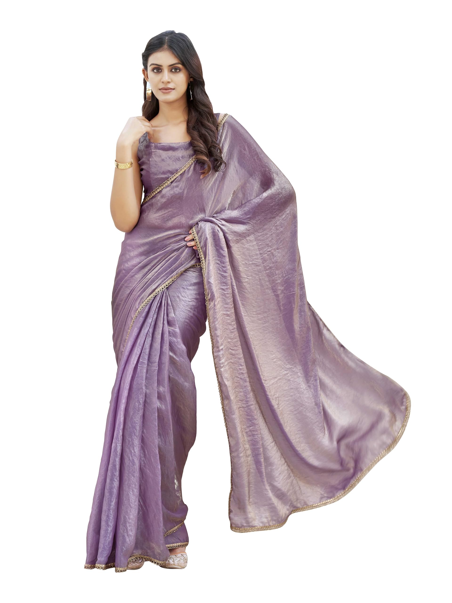 Womanista Women's Ready To Wear Two Tone Purple And Gold Colored Jimmy Choo Saree With Embellished Border(Ti6935_Purple_Onesize)
