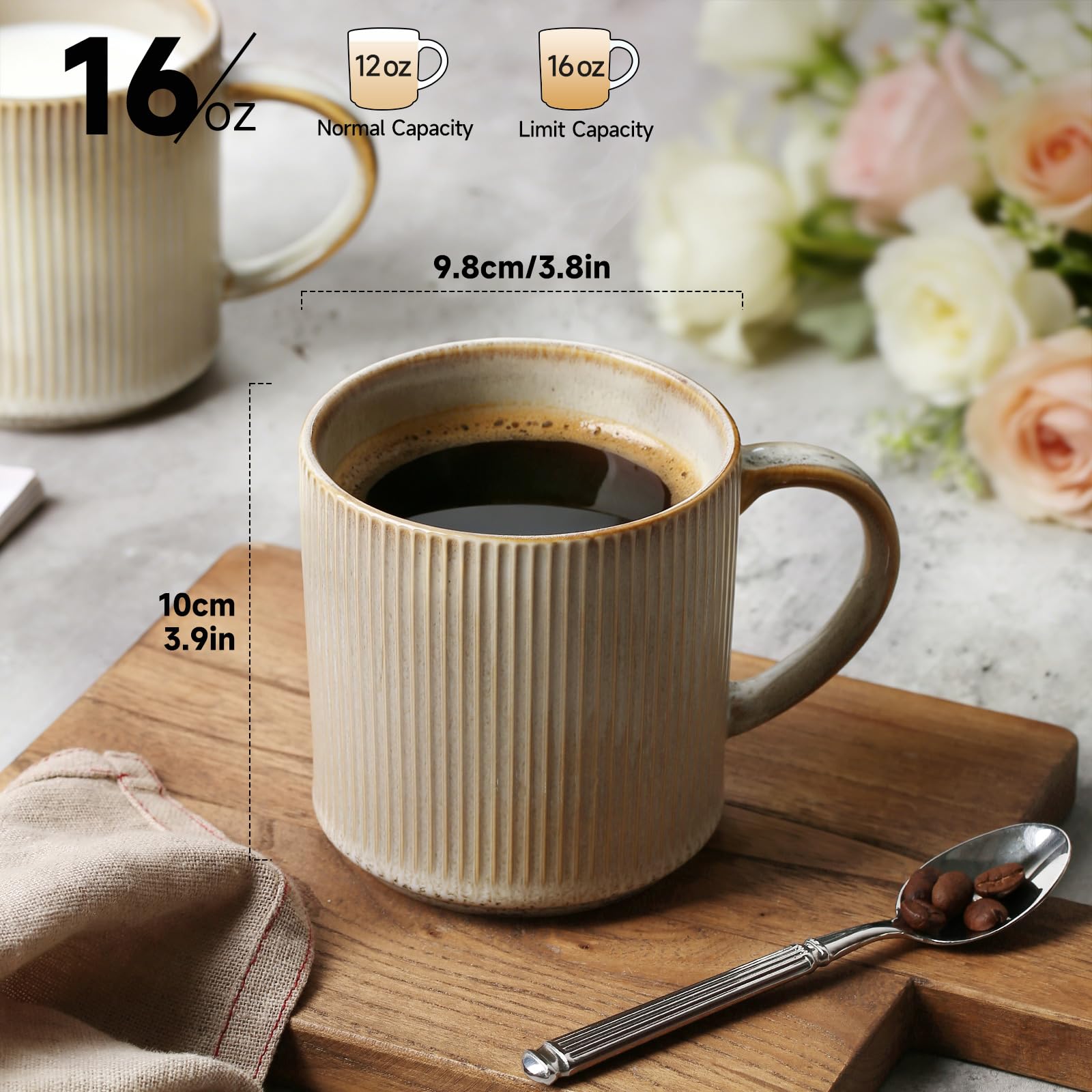 MONITO Juego de 4 tazas de café de 16 onzas, tazas de café de cerámica con asas grandes, adecuadas para latte, té caliente, capuchinos, moca y cacao, beige bonbon