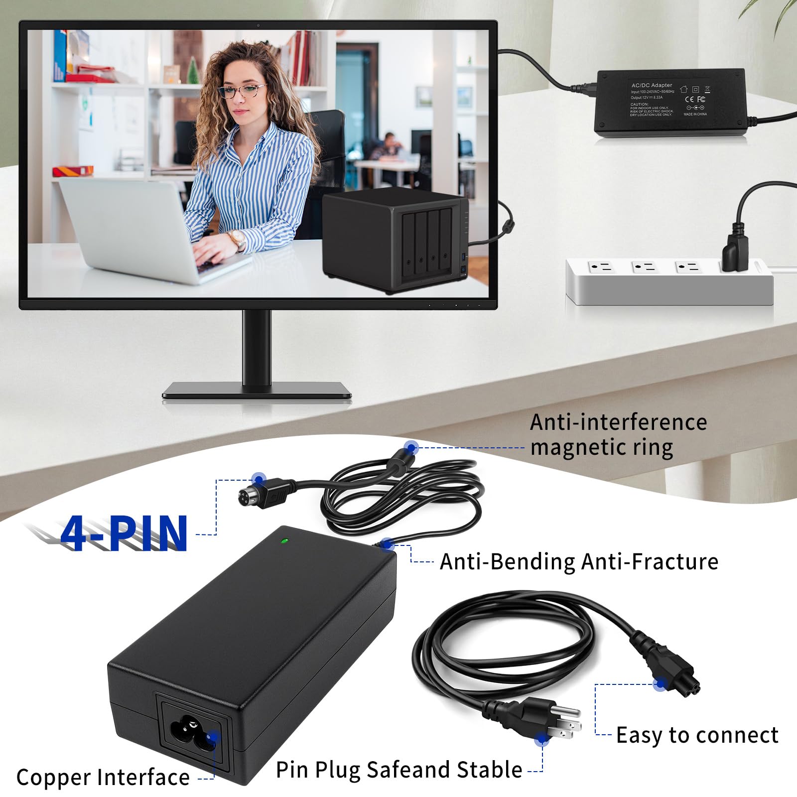 4Pin 12V 8.33A-9A AC DC Power Adapter Charger for Synology Disk