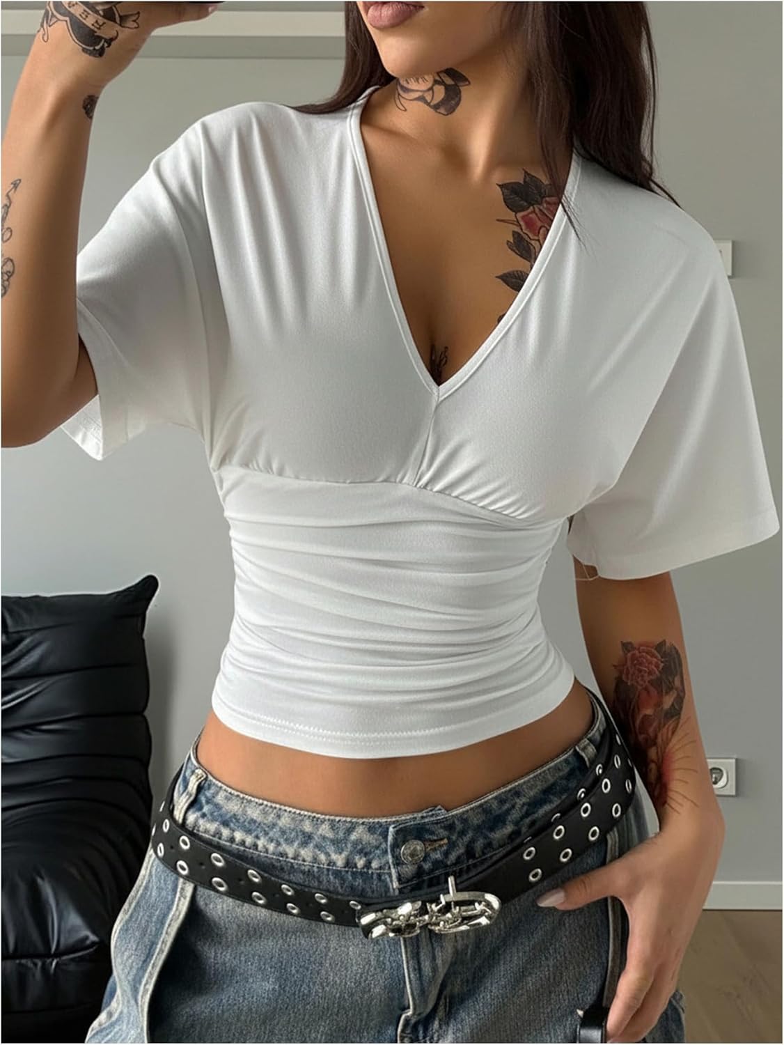 Verdusa Women's Ruched Cinched Waist Tops Short Sleeve Shirts Ruched Basic Tees - Image 3