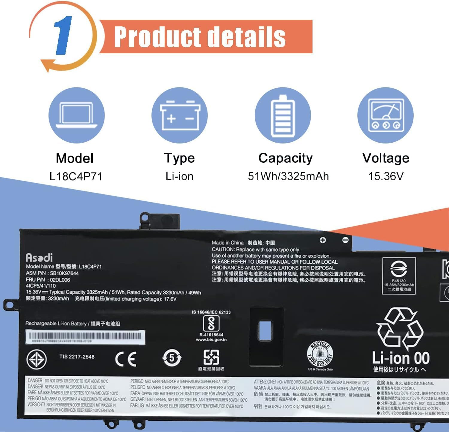 ASODI L18C4P71 L18M4P72 Laptop Battery Compatible with Lenovo ThinkPad X1 Yoga 4th 5th Gen / X1 Carbon 7th Gen 8th Gen Series L18L4P71 02DL004 02DL005 02DL006 SB10K97642 SB10K97643 51Wh