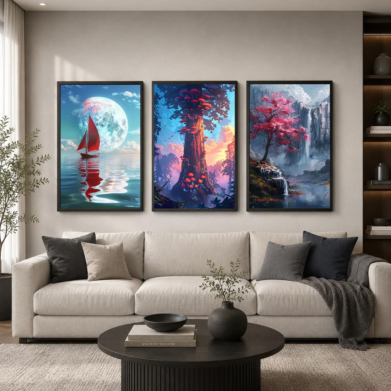 GKUVBF Paesaggio naturale spettacolare cascata dipinto su tela albero verde foresta poster stampe artistiche da parete immagine decorazione per la casa (50x100cmx3/cornice interna)