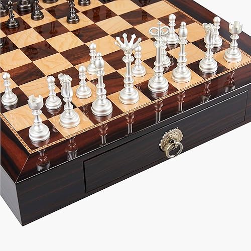 Miniatura 5 de AMEROUS Juego de ajedrez de madera de 20 pulgadas con piezas de ajedrez de metal, tamaño King de 4.5 pulgadas, 2 cajones de almacenamiento