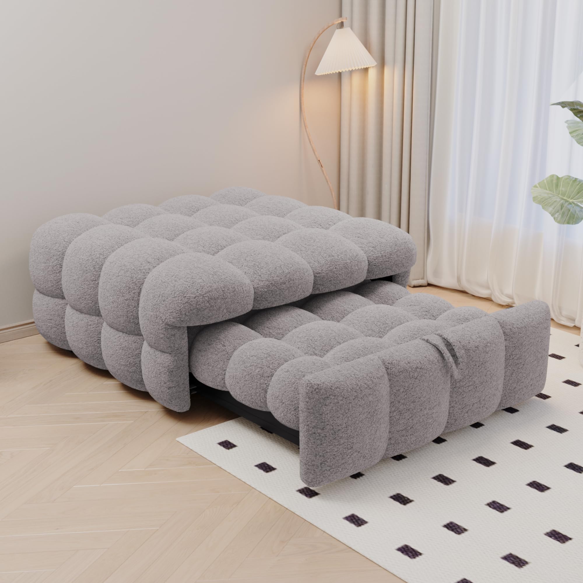 Letto imbottito, poggiapiedi 2 in 1, divano letto, letto singolo, letto gonfiabile, tessuto in peluche, grigio