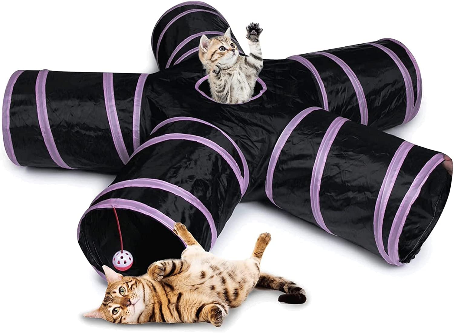 Paashe Black & Pink 5 Way Cat Tunnel Bed Interactive Cat Cave With Peephole And Ball Cat Play Tunnels Foldable Cat Peekaboo Cave Indoor Cats