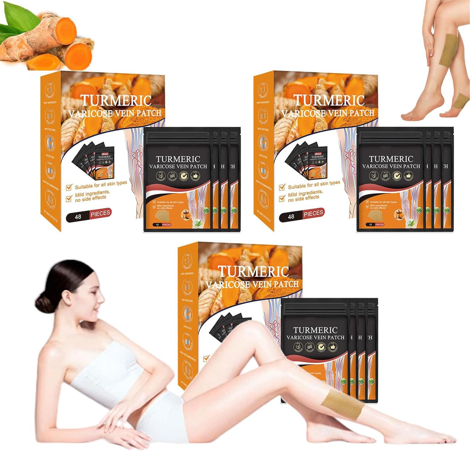 Kurkuma Krampfadern Patches, Krampfadern Patch Linderung, natürliche Linderung von Krampfadern in Beinen und Spinnen, stärkt die Kapillargesundheit und verbessert die Durchblutung (3 Box)