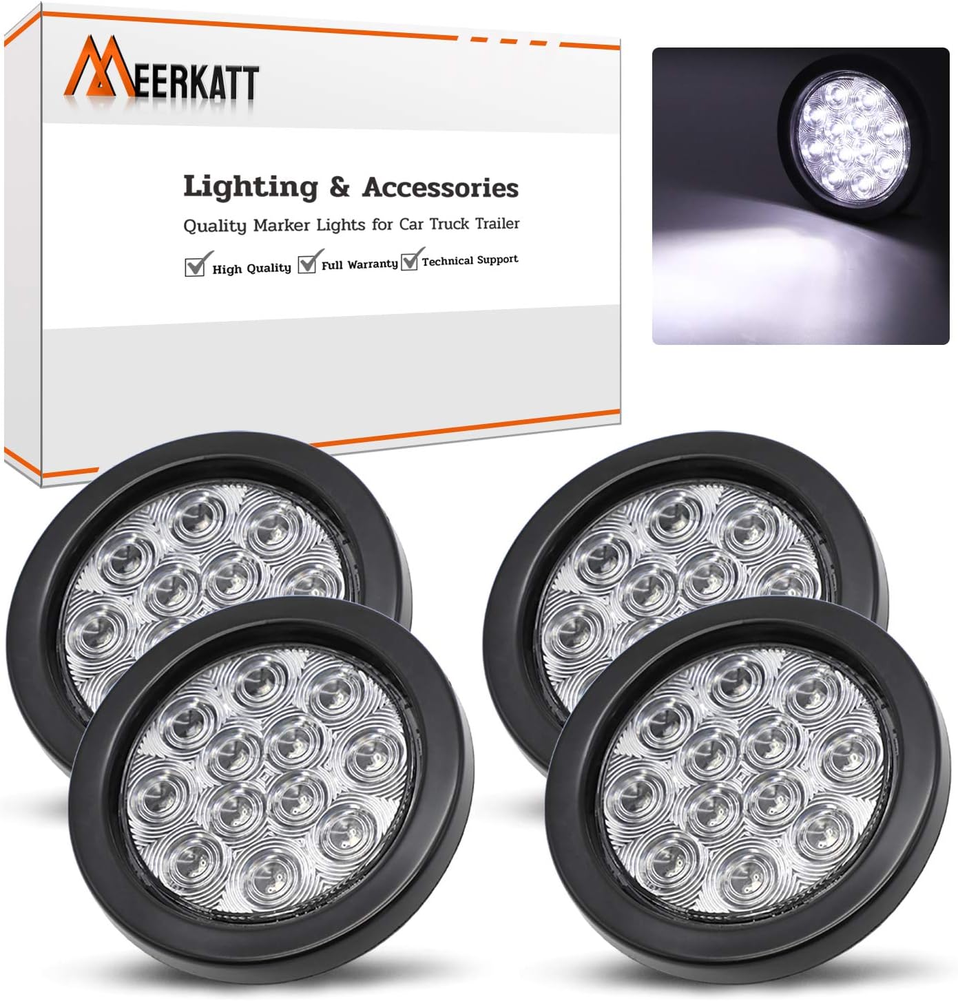 Meerkatt 4 Inch White Light 12 LED Tail Lights Rear Sealed Trailer Truck Bus with Grommet and Plug 12V DC Pack of 4