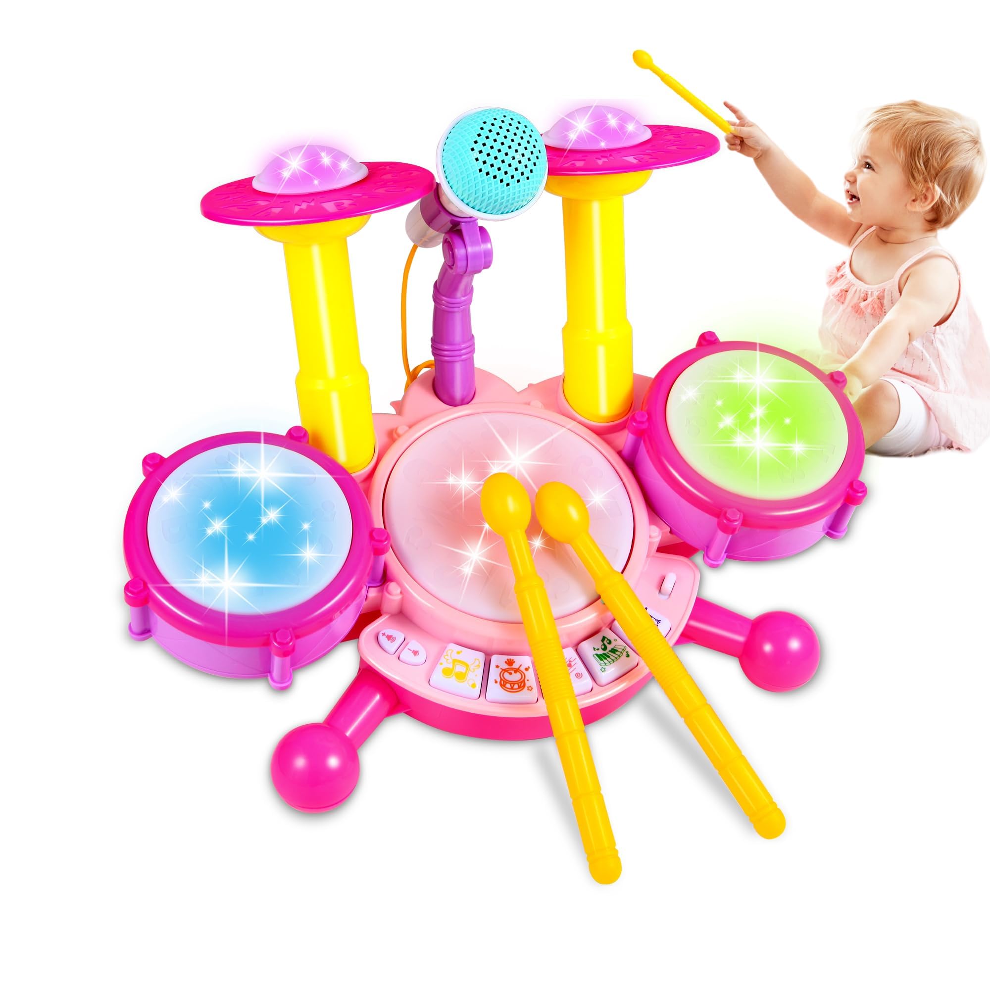 Kids Drum Set for Toddlers 1-3, Toddler Drums Toys for 1 + Year Old Girl with 2 Sticks, Beats Flash Light and Microphone Baby Drum Sets 1 Year Old Girl Gifts First Birthday Gifts for 1-6