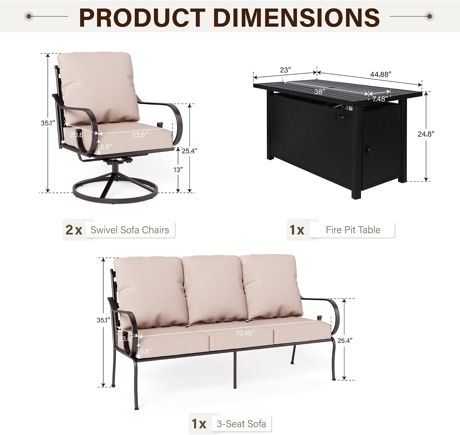 4-Pieces Metal Patio Furniture Sets, Outdoor Sectional Patio Conversation Set with Fire Pit Table, ALL Weather Black Metal Patio Sofa Set with Beige Cushions for Deck,Lawn,High Back,Swivel Chair