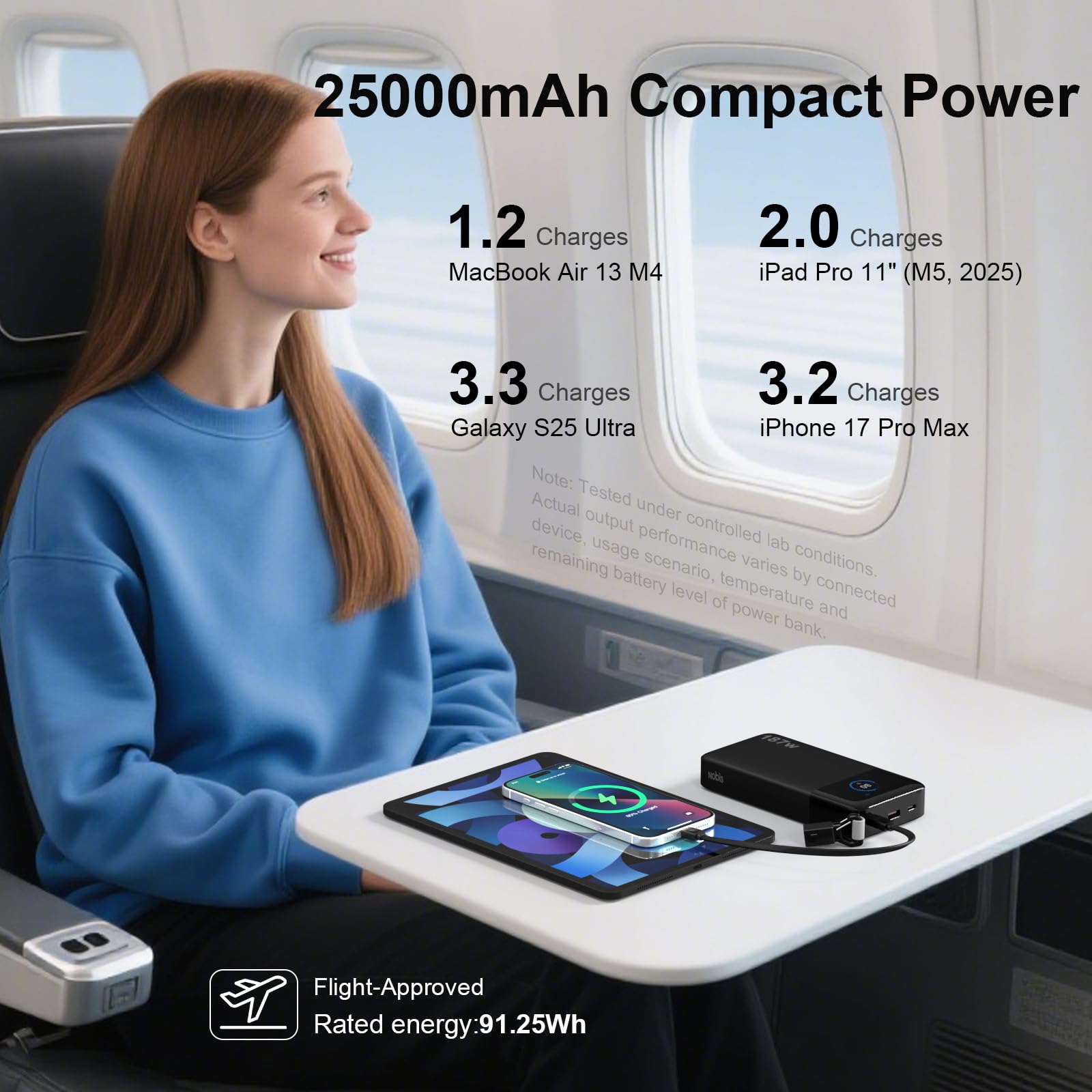 NOBIS Batterie Externe 25000mAh 187W, Chargeur 3 Ports avec Charge Rapide