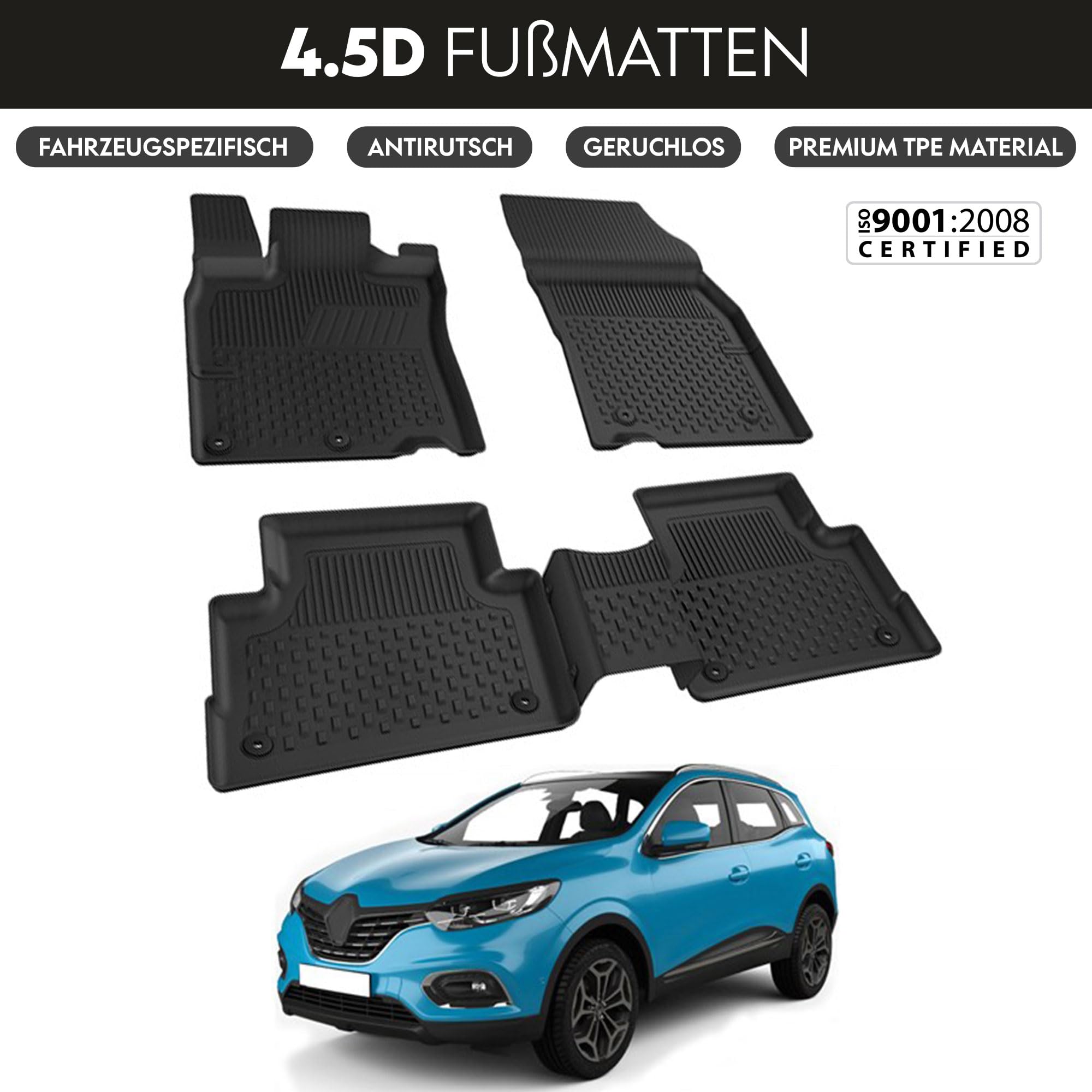 Tapis De Coffre TPE Toutes Saisons Pour Renault Kadjar (depuis 2015) - Bord Haut, Antidérapant, Noir - Protection Animaux & Charges