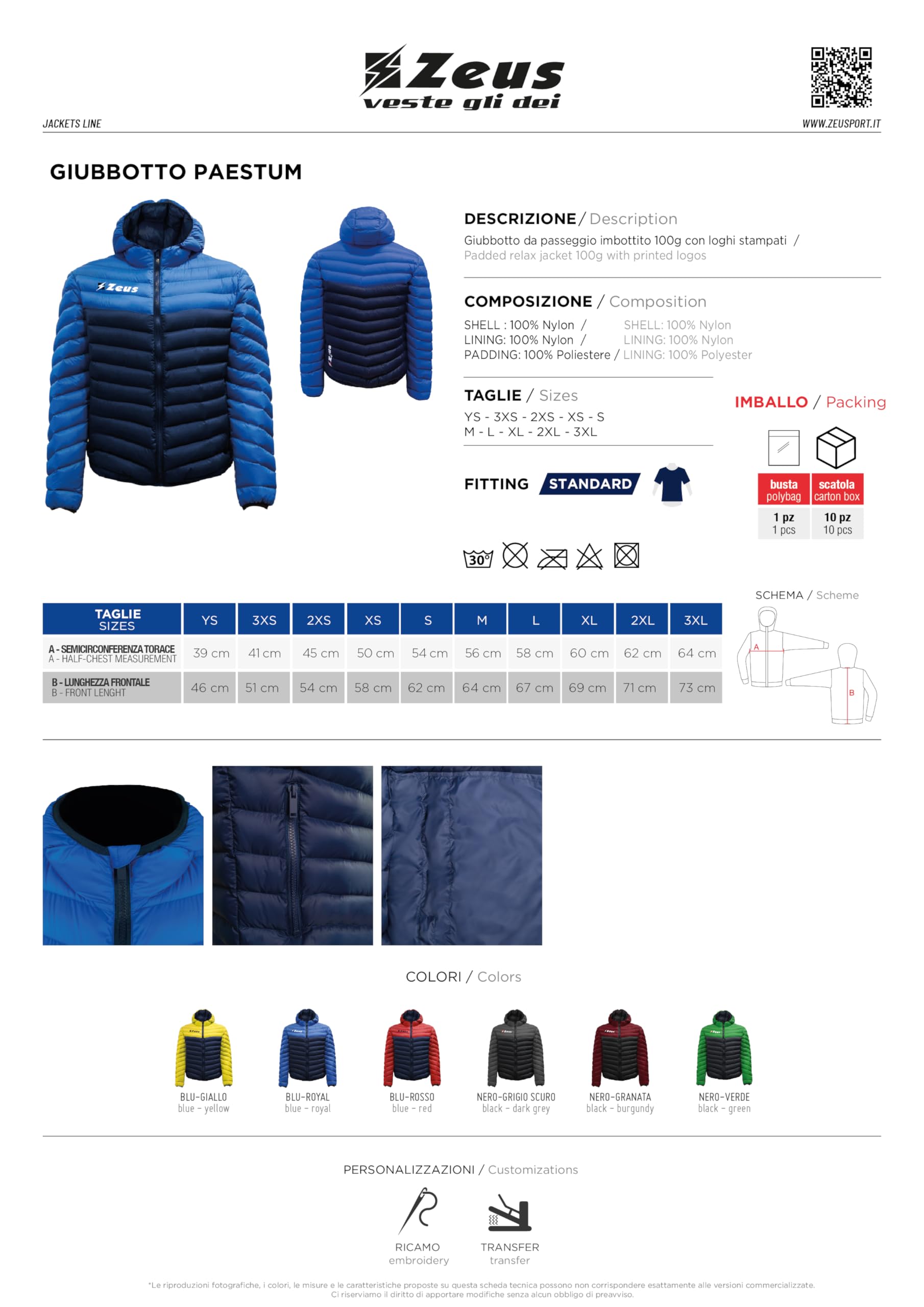 Giubbotto Paestum per Zeus da Passeggio Imbottito Relax Sport Allenamento Cappotto Giubbotti Jackets Tracksuit Training Fitness Palestra Tempo Libero