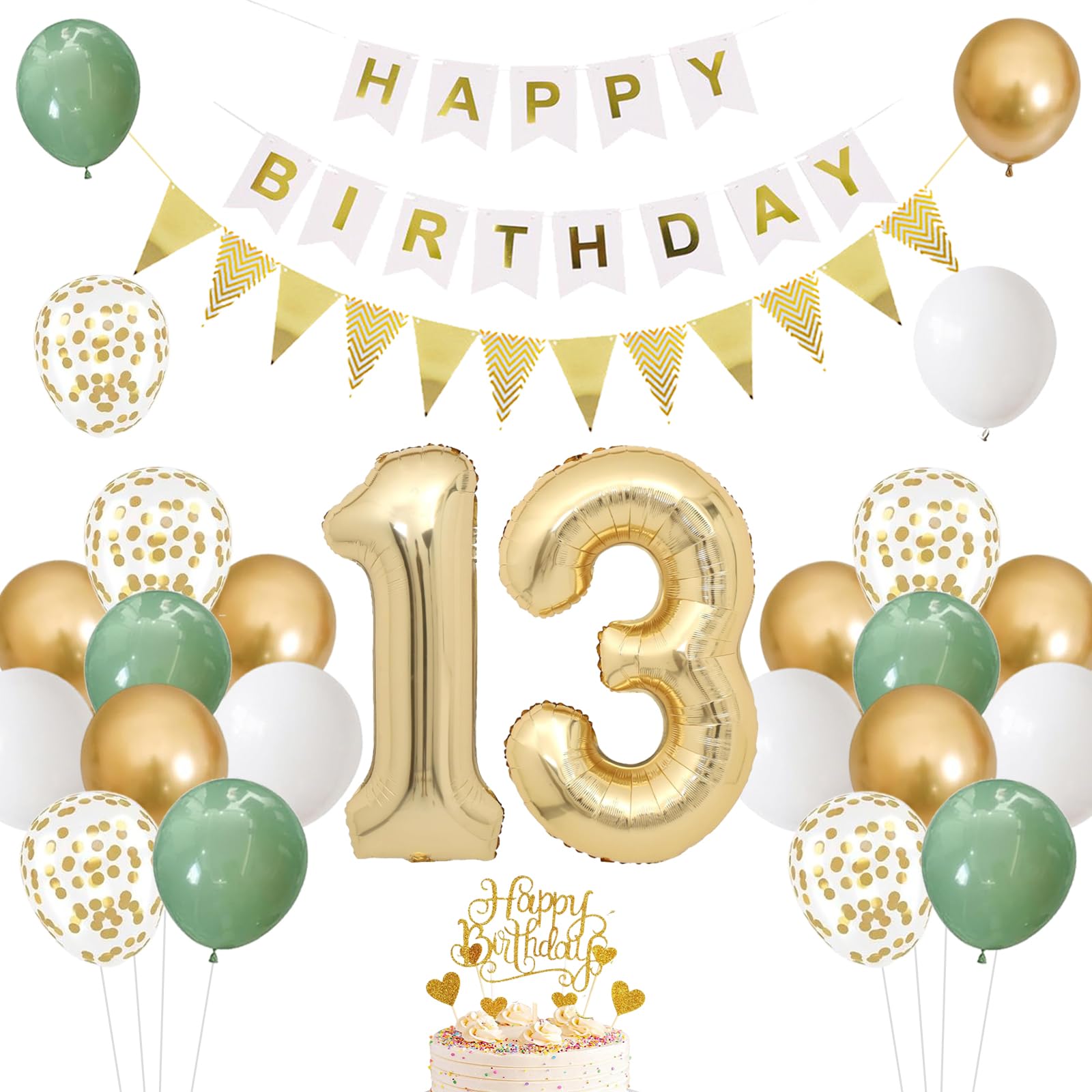 Balloons 13th Birthday Beige, Birthday Decoration 13 Year for Boys Girls, Green Gold Balloon 13th Birthday, 13 Balloons Birthday Cake Decoration for Baby Shower Birthday Party Decoration — image 1