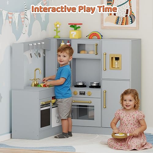 Miniatura 7 de MAMIZO Cocina de juego de esquina para niños, cocina de juguete de simulación de madera, juego de cocina grande con refrigerador, estufa con luz y