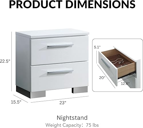Miniatura 3 de HOMES Inside + Out Aria - Mesita de noche con 2 cajones, acabado lacado brillante, color blanco