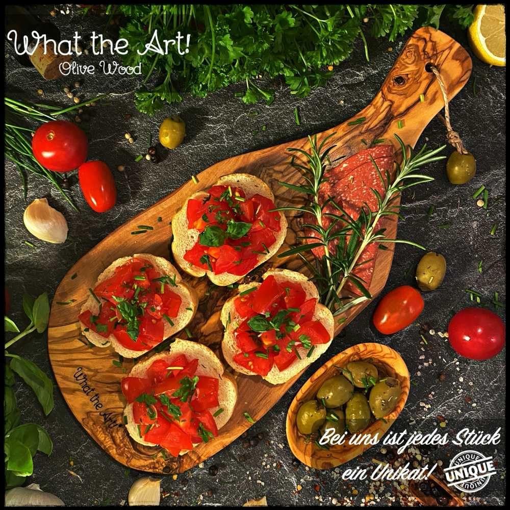 What the Art!® Olive Wood «Serrano» Gr. XL | Olivenholz Schneidebrett inkl. Dip-Schälchen | Handarbeit | ca. 45 x 19 x 2 cm | Käsebrett - Servierbrett - Brotzeitbrett - Vesperbrett