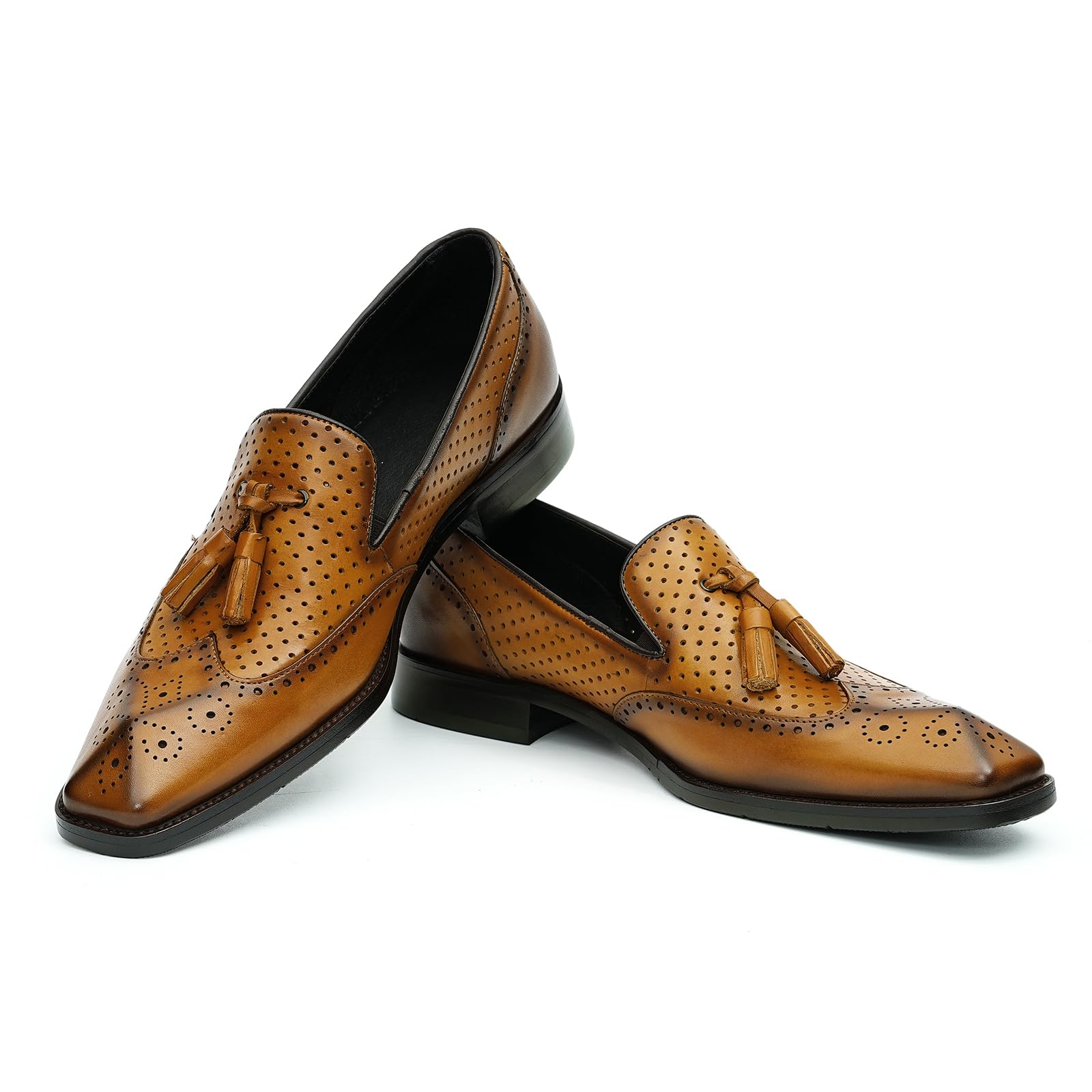 Mocasines con Borlas para Hombres Brogues Huecos Transpirables Zapatos Slip On en Cuero