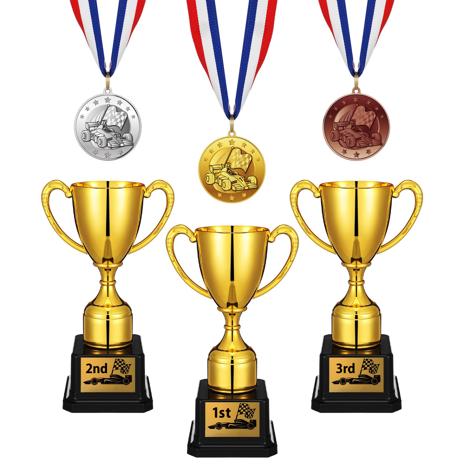 Jinei Juego de 6 medallas de trofeos de carreras de coches de madera de pino, 1ª, 2ª, 3ª medallas de premio con cinta roja blanca y azul para el cuello, trofeos Derby de plástico dorado de 7 pulgadas