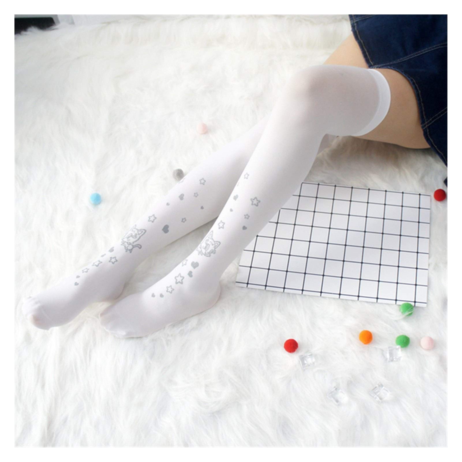 Japanisches Mädchen Schöne Meow Star und Heißprägedruck Kniestrümpfe Lolita Oberschenkel Strümpfe Warm (Color : Meow Star and Silver, Size : One Size)