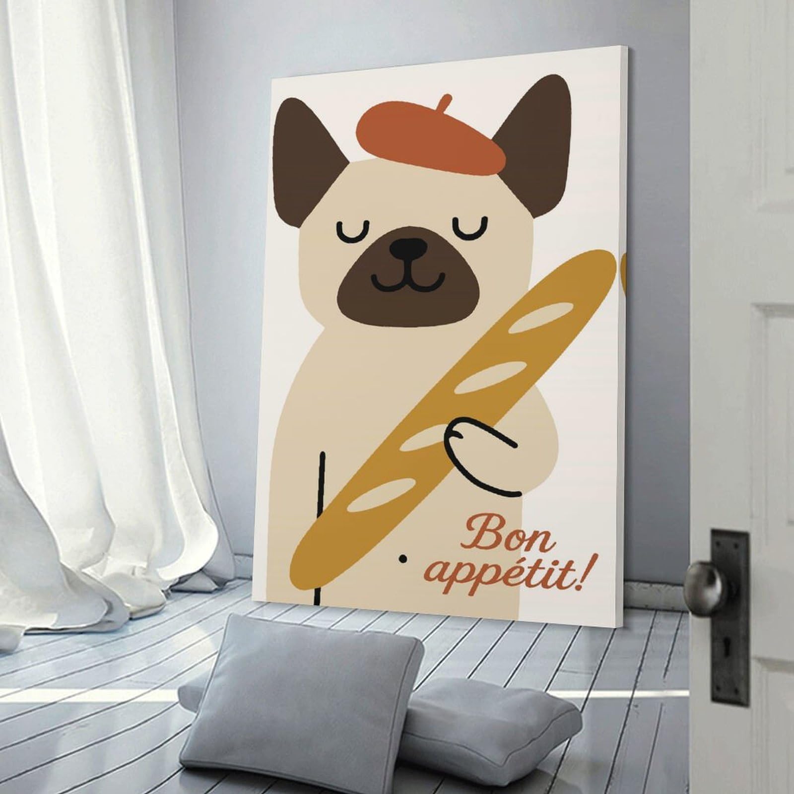 Junmoney Decorative Canvas Print French Bulldog with Baguette And Beret, 24x36inch(60x90cm), for Office, Study Or Home Workspace, Decorative Artwork for Productive Spaces