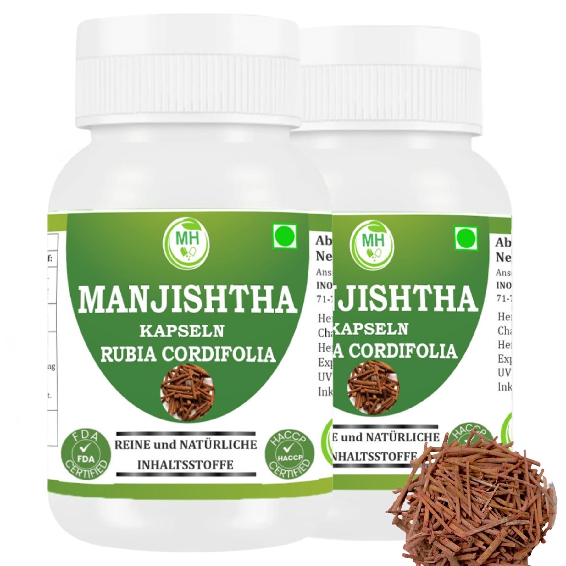 Manjistha Kapseln – Ayurveda Kräuterergänzung – Rubia Cordifolia Pulver – Pflanzlich, Vegan, Natürlich, 60 Kapseln (Packung mit 2) (2er - Pack)