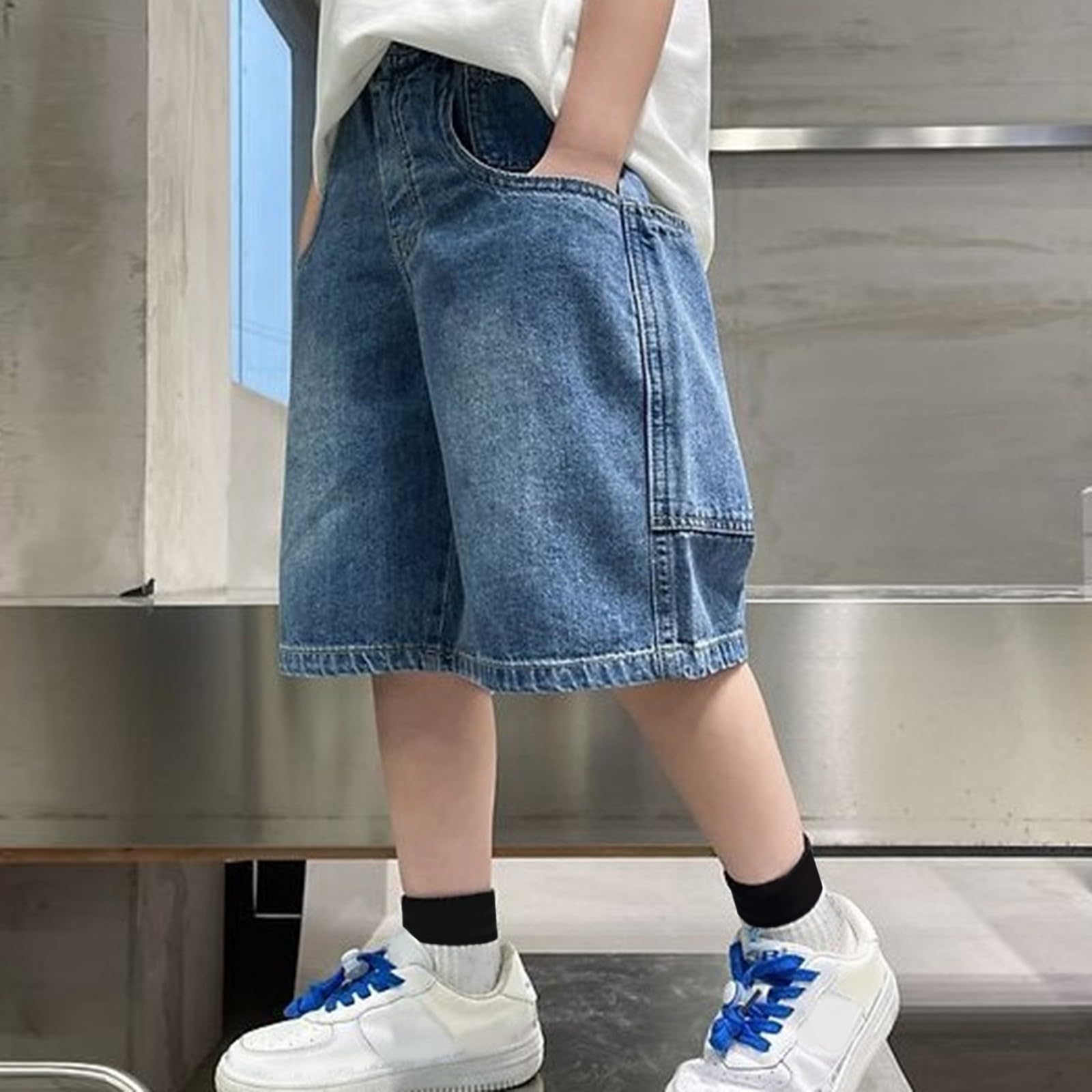 Short baggy en jean pour garçons - Décontracté - Taille élastique - Cargo - Jambe large - Short d'été droit - Longueur genou - Pantalon streetwear pour adolescents