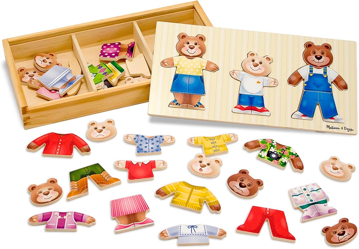 Wooden Bear Family Dress-Up Puzzle, 45 Pieces Mix and Match Outfits, Sorting & Matching Toy with Storage Case, Educational Puzzle for Toddlers Ages 3+