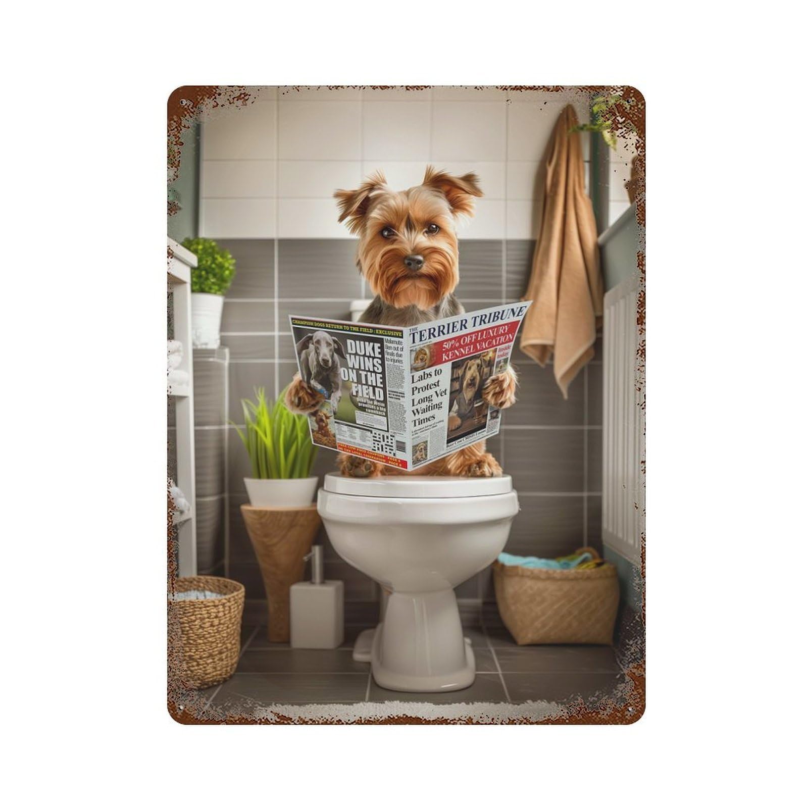 Yorkshire Terrier Toilet 15.7"x11.8" Rusty Metal Tin Sign, Novelty Wall Decor for Cafe, Home Bar And Lounge Decor
