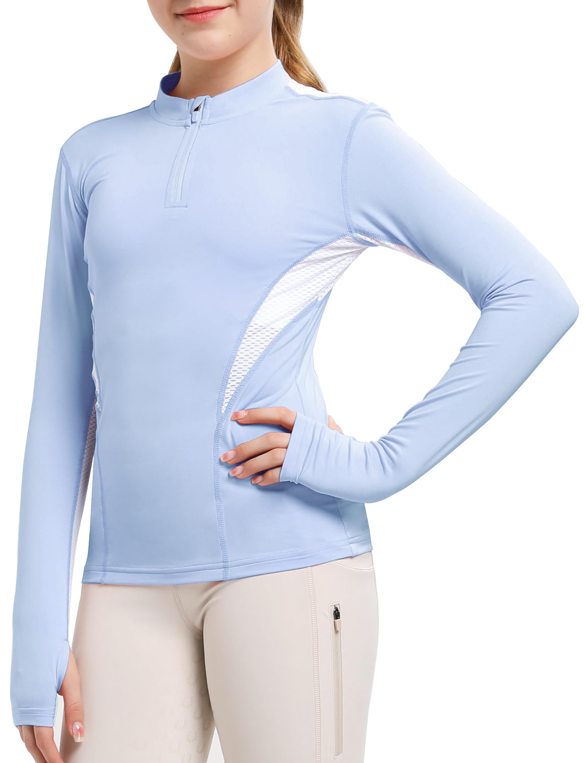 FitsT4 SportsGirls Long Sleeves Shirts Thumbhole English Horse Riding Shirt UPF50 Quick Dry Kids Equestrain Half Zip Jacket