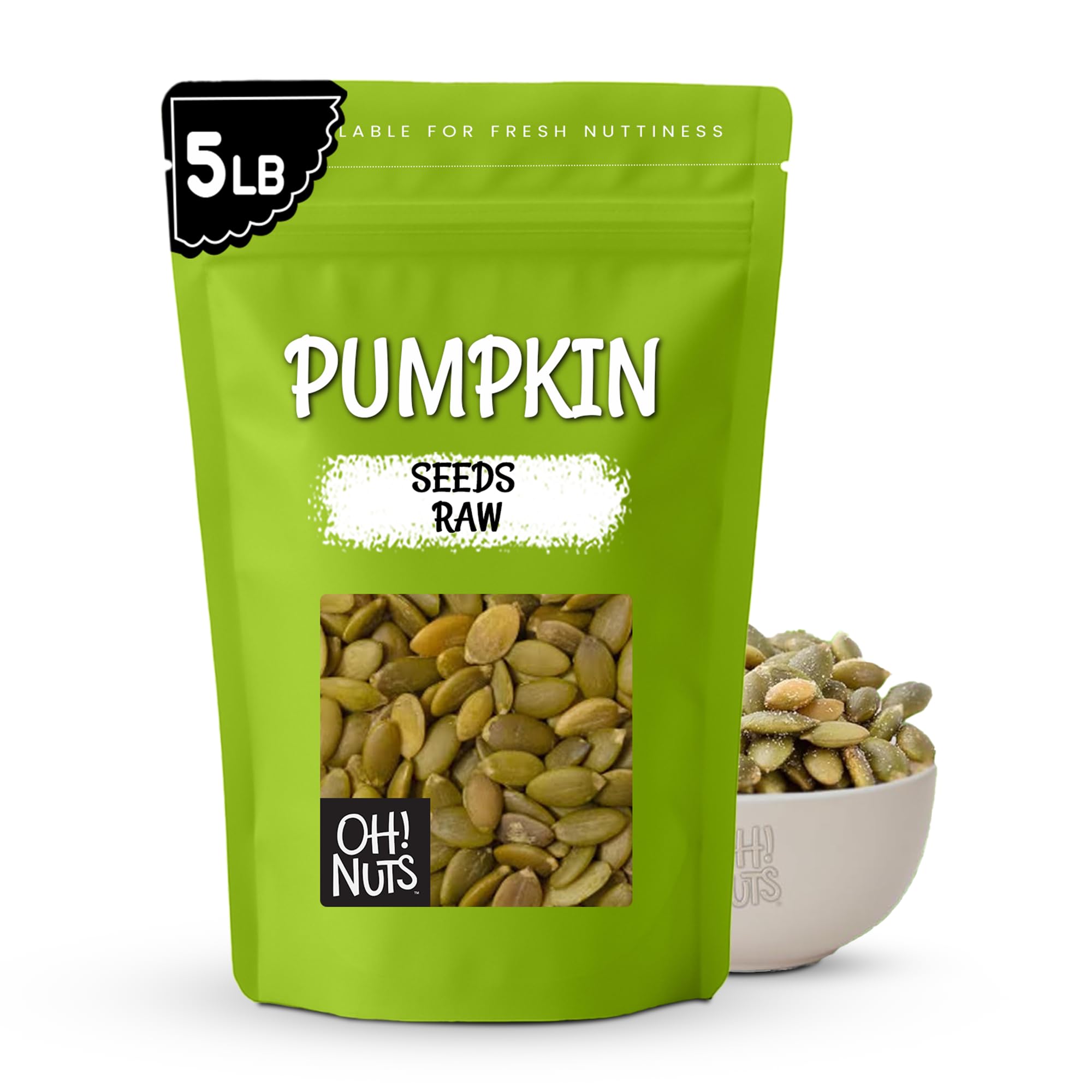 Oh! Nuts Pepitas Raw Unsalted Pumpkin Seeds - Resealable 5-Pound Bulk Bag - All-Natural Protein Power - Fresh, Healthy Snacks - Unshelled Pepitas