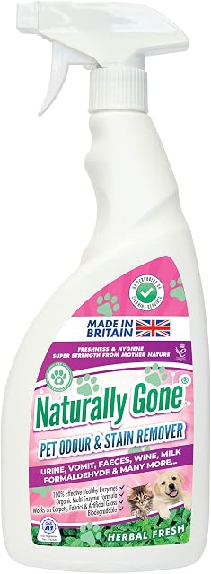 NATURALLY GONE Pet Odour Eliminator, Enzyme Cleaner Removes Smells and Stains, Cat Litter Freshener, Works on Urine, Vomit, Faeces and More - HERBAL FRESH Fragrance