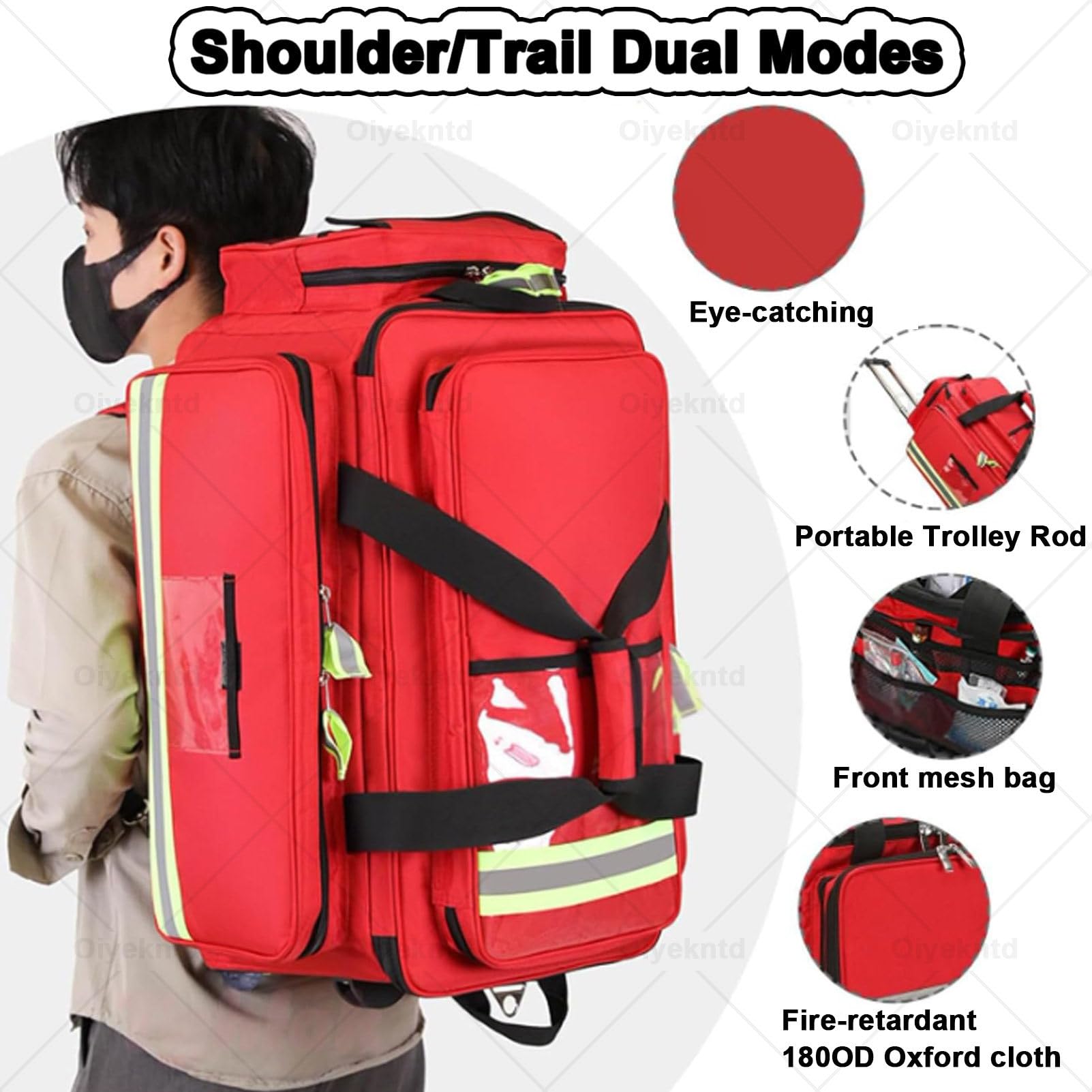 Borsa per kit di primo soccorso e attrezzature mediche con trolley rimovibile; borsa con ruote per infermieri e kit di emergenza, ideale per escursionismo, backpacking, campeggio e viaggi Red-66cm