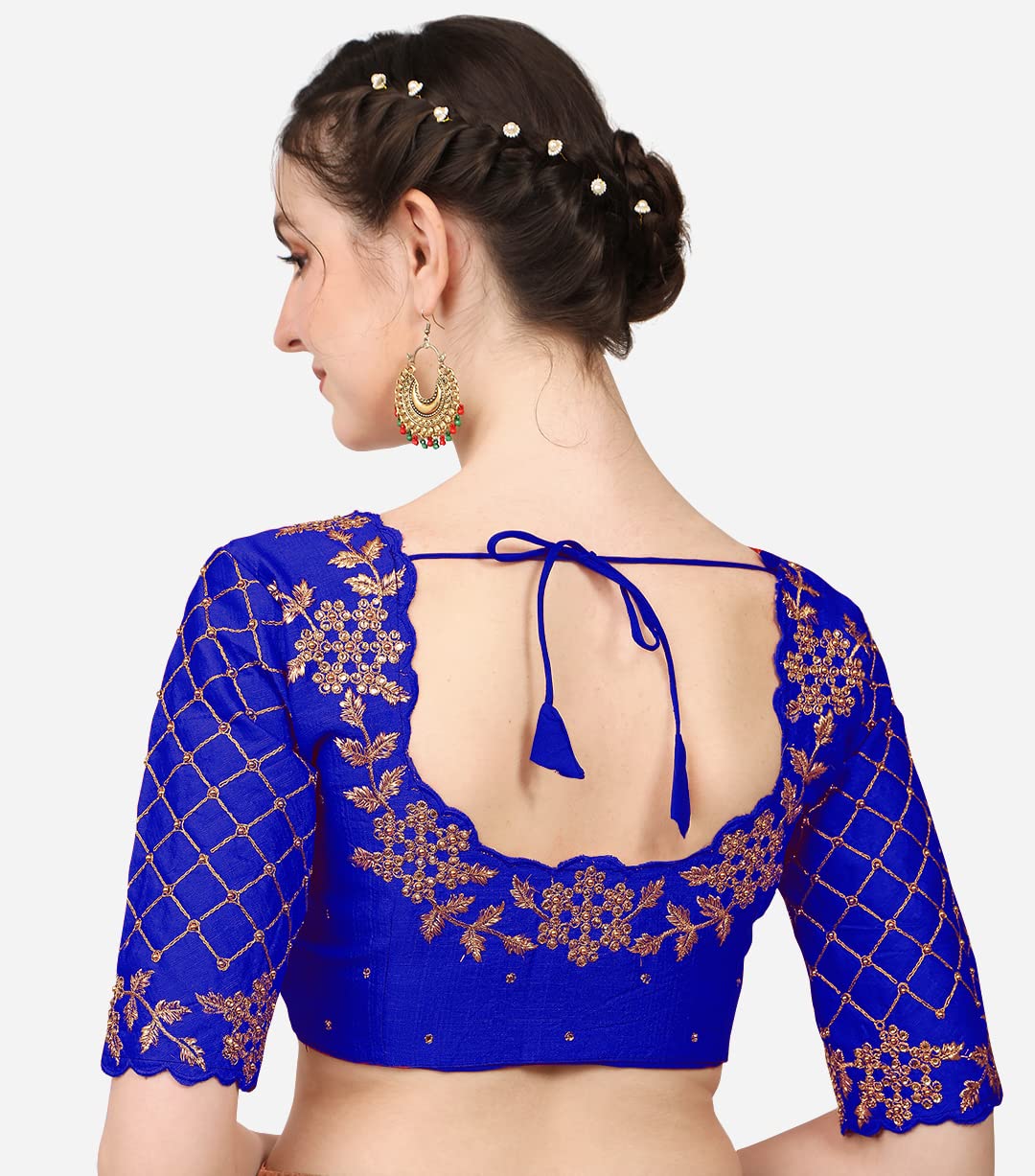 Pujia Mills Women's Embroidery Handwork, Rough Cut Work Stone Work Readymade Blouse (32, Royal Blue)