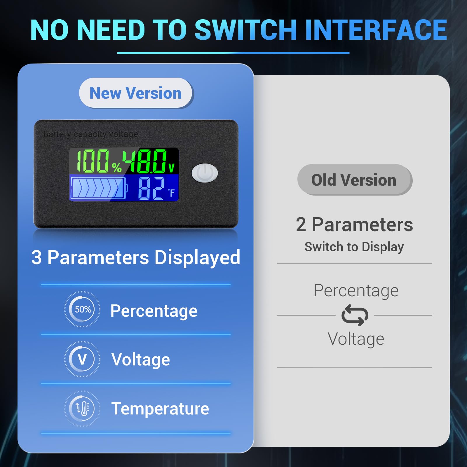 DROK Medidor de batería de 48 V, 10-100 V, capacidad de batería de vehículo recreativo, monitor de voltios, 12 V 24 V, indicador de temperatura Fahrenheit de la batería de litio