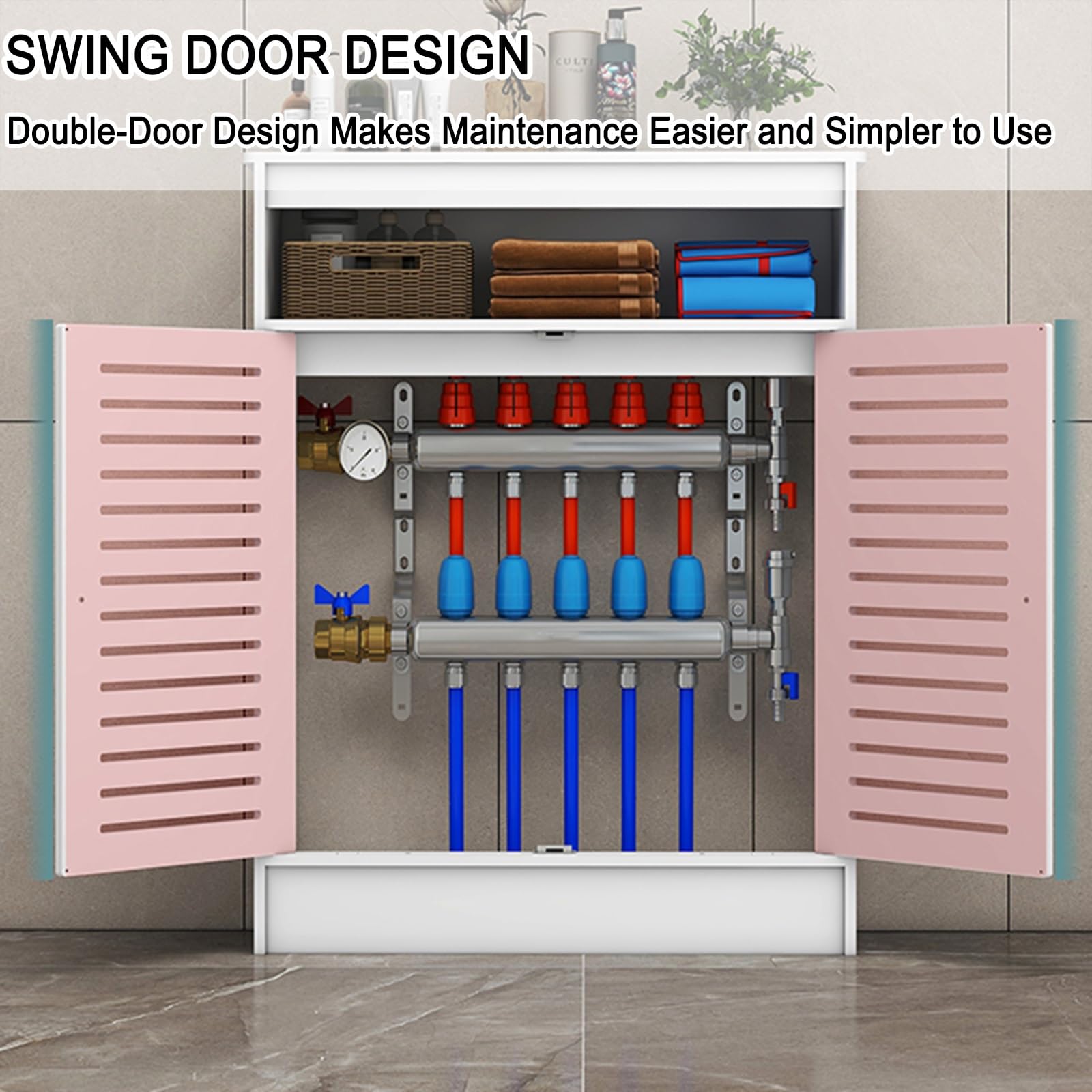Copertura per termosifone bianca con griglia a feritoia e Sto nizer con 2 ante per soggiorno e bagno, 60 x 20 x 90 cm, design