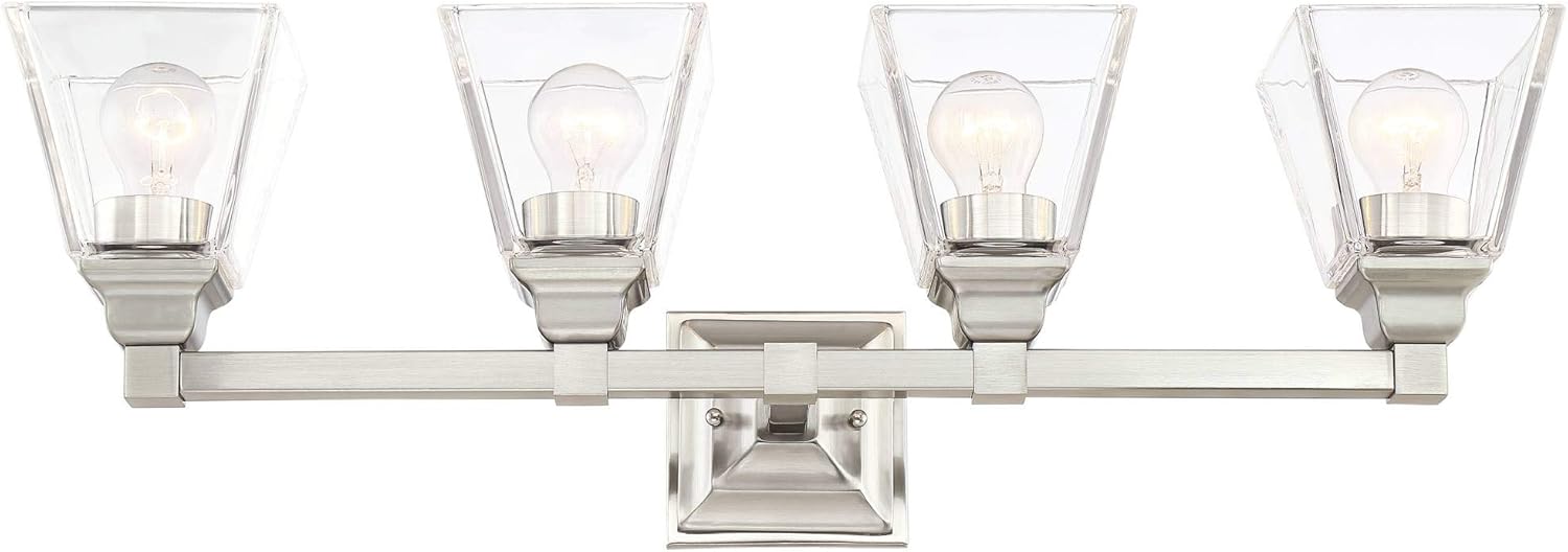 Regency Hill Mencino Mid Century Modern Wall Light Satin Nickel Silver Metal Hardwired 28" Wide 4-Light Fixture Clear Glass Cone Shade for Bathroom Vanity Mirror House Home Room Decor