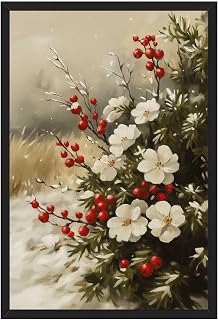 Framed Winter Berries and White Flowers Poster Canvas Print Art Rustic Painting Wall Art Pictures for Living Room Decoration Exquisite Wall Decor Farmhouse Art Print for Bedroom Apartment. (Black framed,12L"X16W")